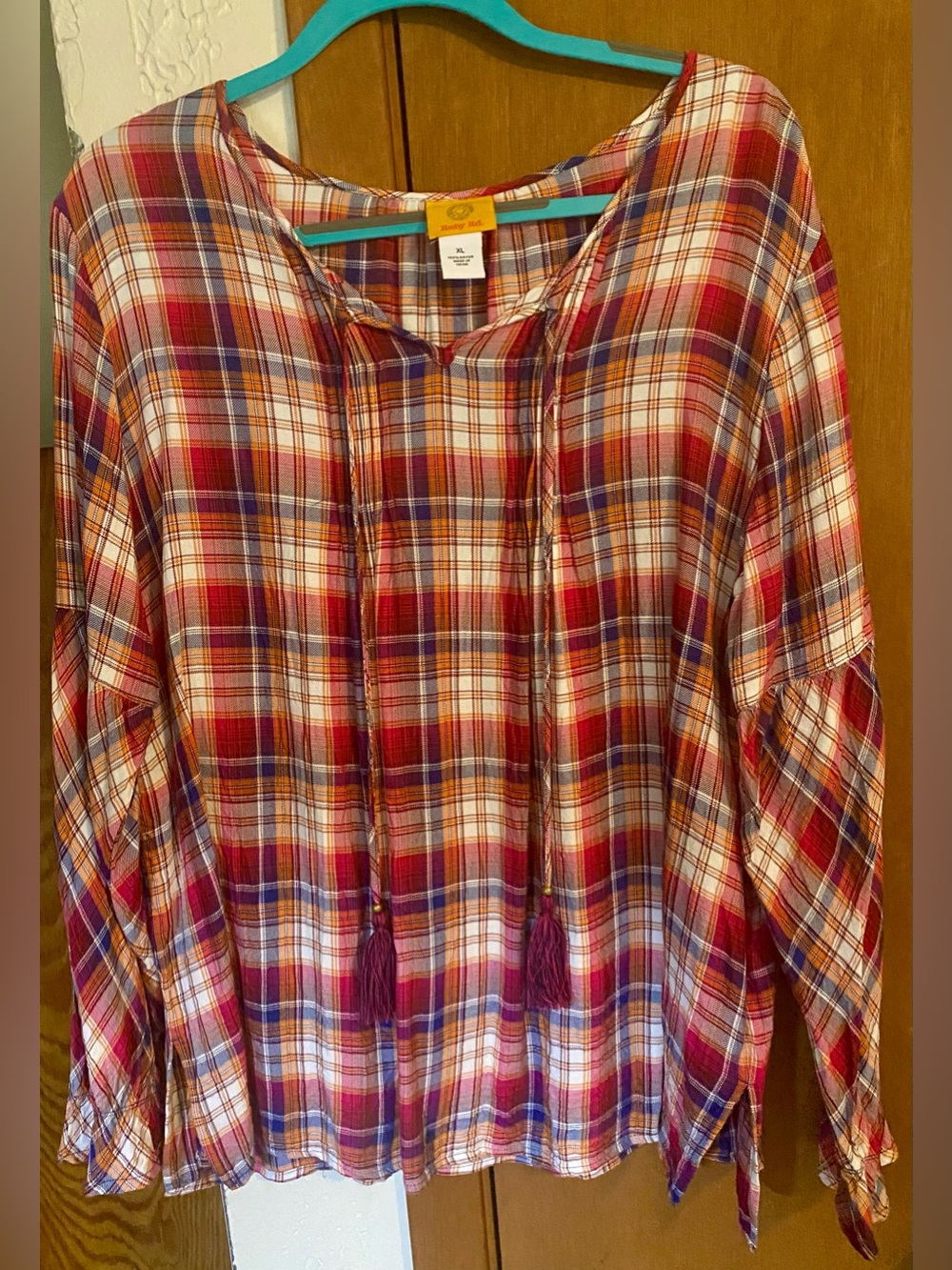 Ruby Rd Sz: XL 22”PTP Relaxed-Fit Long Sleeve Red Plaid Blouse